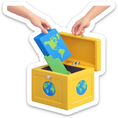 3D illustration of two hands on either side sliding a simplified Earth with green continents and blue oceans into a warm yellow ballot box, playful style, bold lines, soft textures sticker