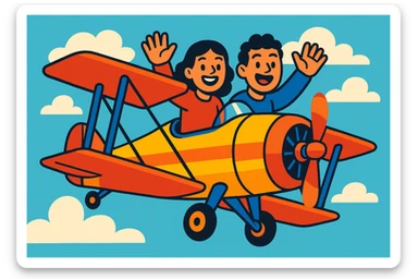 two happy people waving from a biplane, vibrant cartoon style sticker