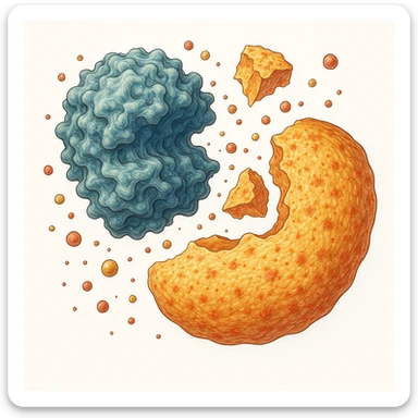 Ultra-detailed scientific illustration  (like in a school book) of enzyme digestion. Macro molecular view, clean white background, no text, no human figures or cartoon characters. Purely biological focus. sticker