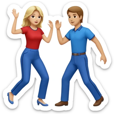 Two people dancing. Man in red shirt and pants with brown hair. Women in blue shirt and pants with blond hair. sticker