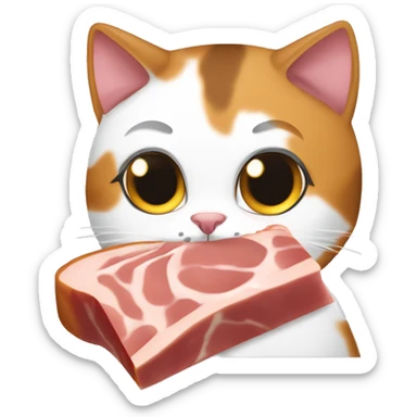 calico tricolor cat eating a piece of ham sticker