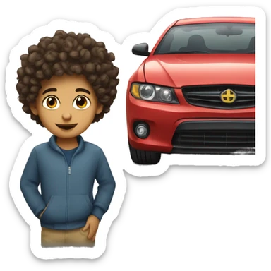 Hispanic kid with curly hair next to a car sticker