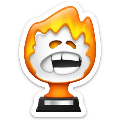 A trophy with a screaming face in the shape of orange, yellow and white fire. sticker
