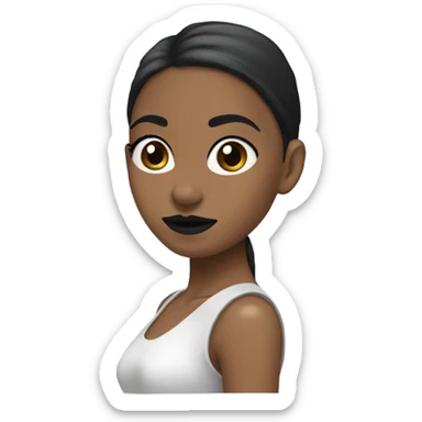 A side view of a girl with a oval long head is that completely white with big black lips with big eyes with short hair with long pony tail with black cheeck sticker