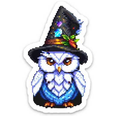 pixel art owl with a wizard hat sticker