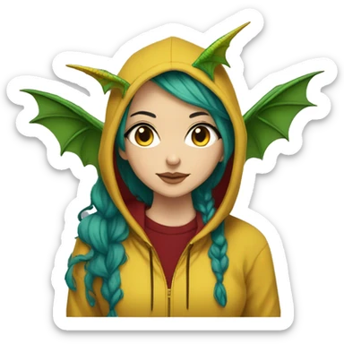 Lady with brunette and iridescent blue hair, hemp, gold, green dragon wings, maroon hoodie, 420, black and gold Nike t shirt, and bright red eyes sticker