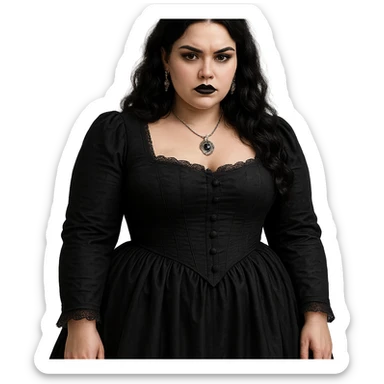 gothic girl, curvy, black Victorian dress, silver jewelry, moody expression sticker