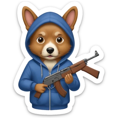dog wearing a hoodie with a ak-47 sticker