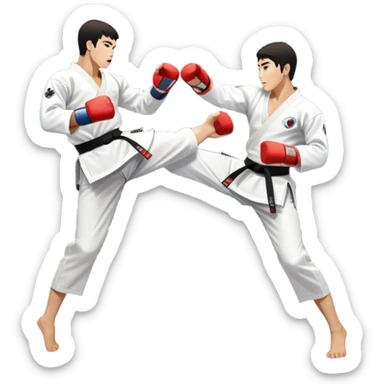 Two taekwondo fighters in traditional white doboks with black belts compete in a dynamic match. One delivers a high kick, while the other blocks using their knee. The background features a professional arena with bright lights and spectators. Transparent background. sticker