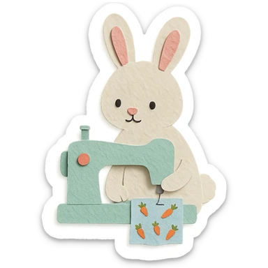 fluffy sewing machine rabbit stitching with a tiny carrot pattern, soft mint pastel, full-body sticker