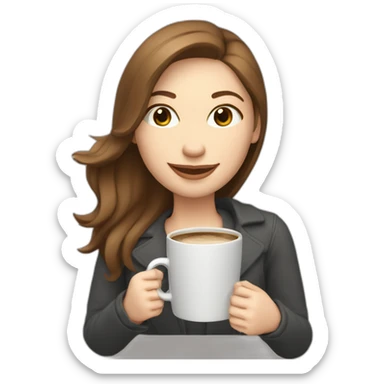 eyes closed smiling woman pale skin middle brown hair holding a closed laptop and a coffee mug sticker