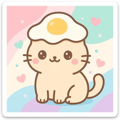 Add a playful, colorful background behind the cat wearing an egg hat, keeping the kawaii style. sticker