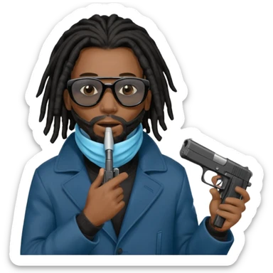 African American man with shoulder length black dreadlocks  wearing black sunglasses wearing a black winter coat wearing a blue hospital mask covering mouth and nose  holding a Glock gun in hand sticker
