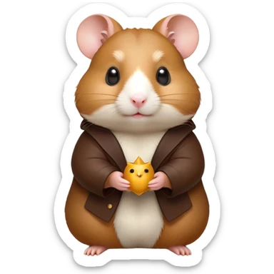 Cinematic Noble Brown Hamster Portrait Emoji, Poised and regal, with a tiny, compact build and a smooth, well-kept rich brown coat, deep-set soulful dark eyes, Simplified yet sharp and sophisticated features, highly detailed, glowing with a soft, dignified glow, high shine, intelligent and energetic, stylized with an air of miniature majesty, focused and attentive, soft glowing outline, capturing the essence of a watchful and confident rodent, so majestic it feels as though it could scurry out of the screen with effortless authority! sticker