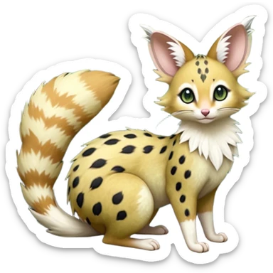 Hyper realistic  moss-and-bark forest-green fur tangled with earthy speckle dust and matte hush beautiful elegant pretty precious cute  Fakémon-Pokémon-opossum-feline-serval-caracal-chinchilla-Furret-Minccino-hybrid-creature with a big fluffy bushy tail (full body) sticker
