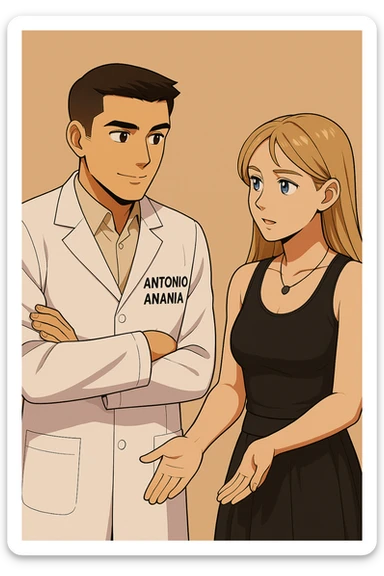 fai un webtoon/manga a colori con questo kinesiologo in camice bianco (fagli la scritta "ANTONIO ANANIA" SUL CAMICE) CHE PARLA CON QUESTA RAGAZZA CON GLI OCCHI AZZURRI. la ragazza gli fa una domanda e IL KINESIOLOGO CON IL CAMICE BIANCO LE risponde. NON FARE I FUMETTI, FAI SOLO LORO COME SE DIALOGASSERO sticker