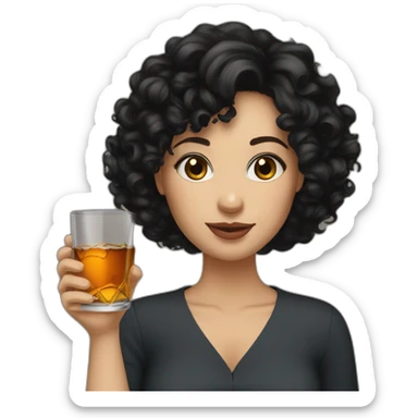 White Woman short black curly hair drink whisky sticker