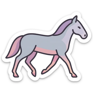 Create an icon-color-outlined style illustration of a horse in Chinese eastern style. The pose matches the reference with both hooves on one side of the body in the air. Use thin, clean contours and soft rounded shapes. Employ a pastel palette with colors #98B5BC, #B5B3C1, #C9A3C9, #E4C0CA, #F7DCD1, #F7C0AA. Include detailed shadows and highlights with soft lighting. The background should be transparent. The horse should appear less cute and have no decorative elements. sticker