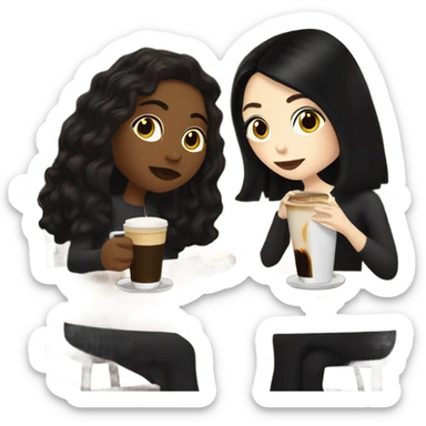 puerto rican woman light skin with shoulder-length, wavy, brown hair drinking latte with Italian goth woman with black, straight hair drinking espresso at table sticker