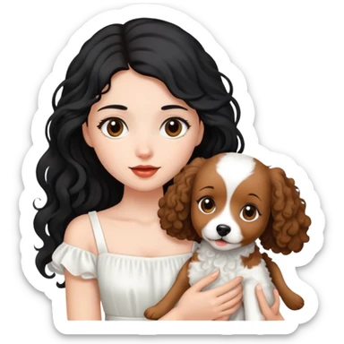 beautiful girl with long black hair in a white dress holding a small brown curly-haired dog sticker