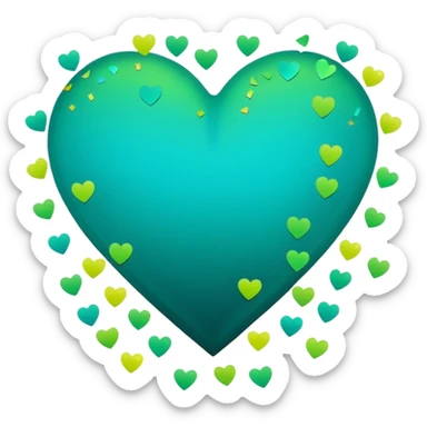 emoji: teal and neon green gradient heart with NYE celebration confetti from behind. sticker