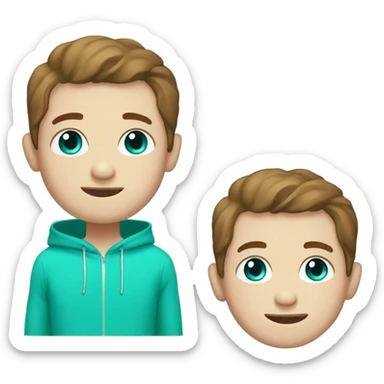 Smiley male with very short brown hair and a pale complexion with a few freckles. Blue eyes, wearing a turquoise green hoody sticker