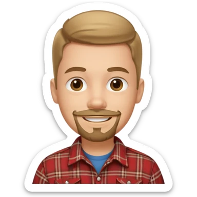 smiling boy in plaid shirt with goatee sticker