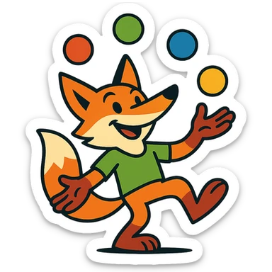 clever fox juggling, vibrant toon style sticker