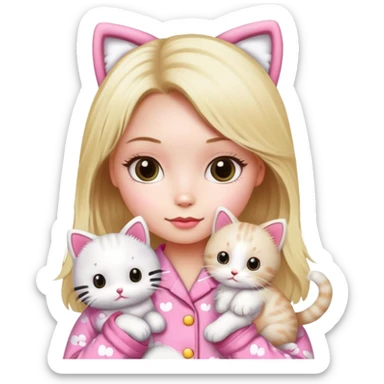 Blonde girl wearing pink Hello Kitty pajamas with two ragdoll cats sticker