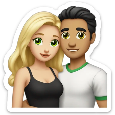 A couple of a girl with blonde hair and green eyes, and a man with black hair and black eyes, that are hugging sticker