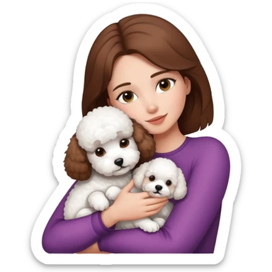 a brown haired woman hugging white bichon sticker