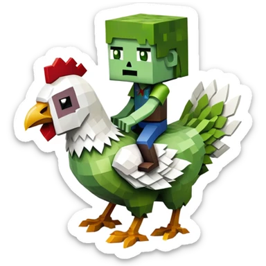 small square-shaped Minecraft zombie riding a small white chicken sticker