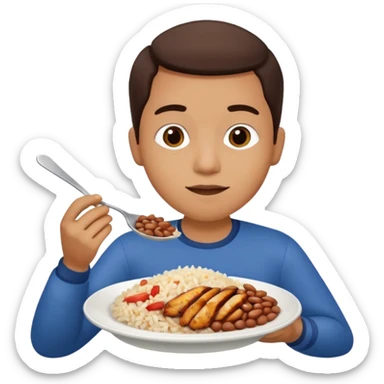 Create a person having lunch. Not a sandwich. Rice, beans and chicken. sticker