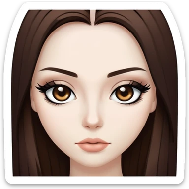 pretty baddie, brown straight hair, pale skin, long hair, dark brown eyes, bold black eyeliner sticker