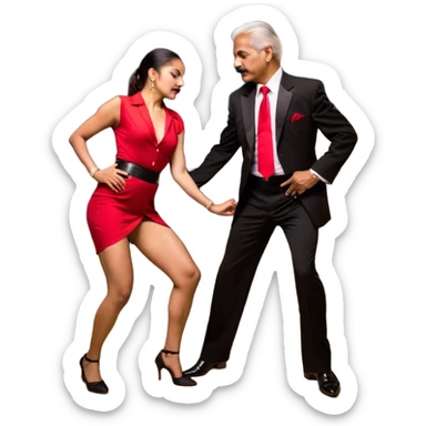 Old mature indian boss with moustache with red tie and with black shirt with formal suit black pants with belt and with black shoes with bachata dancer  girlfriend in small and tight red dress with ponytail holding her thigh and dip her body down with hand  in dip dance move at night (bachata couple) sticker