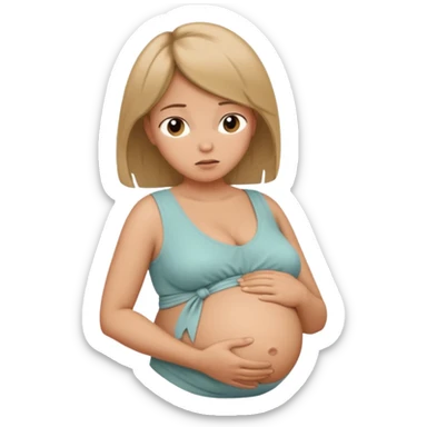 pregnant woman with neatly tied hair looking tired touching her big belly softly and breath slowly sticker