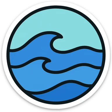 Update the ocean icon so that the sky matches the same style, color, and elements as the sky in the sea icon. Keep the rest of the ocean icon unchanged. Maintain circular shape, medium black border, no frame, white background, color outline style. sticker