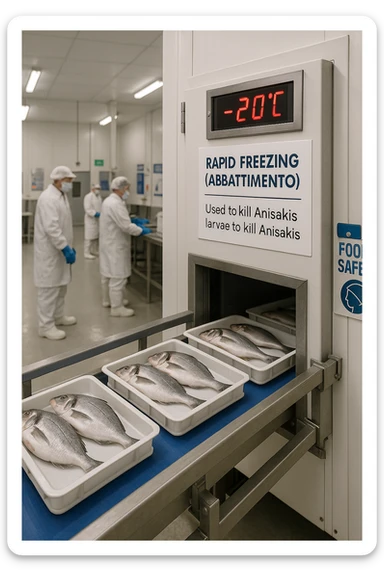 a fish processing facility where freshly caught fish are placed on trays and moved into a large industrial freezer. A temperature gauge shows -20°C, and an educational label explains that rapid freezing (abbattimento) is used to kill Anisakis larvae. The background includes workers in protective clothing and clear signage about food safety. sticker