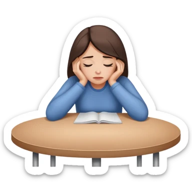 woman exhausted sit at a table with the head resting on the table sticker