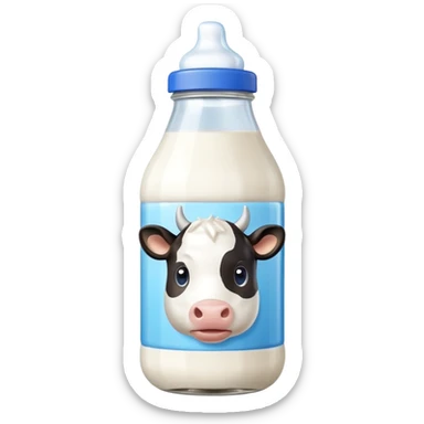 A 3D cartoon glass bottle of cow’s milk — white liquid, blue cap, clear reflections, Memoji-style rendering. sticker