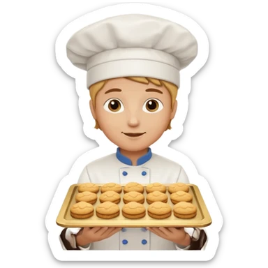 a baker holding a tray of cookies with a chef hat sticker