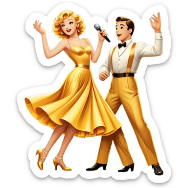 Vintage movie poster-style icon for a musical film. The cityscape glows in the background, evoking the golden era of musicals. A vibrant street scene with bright lights, dancers mid-step, a singer with a microphone among the skyscrapers. Transparent background. sticker