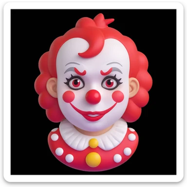 passport photo style cartoon of a sad clown, white face paint, red nose, classic makeup with frown and drooping eyebrows, multiple tears, short tufted faded red hair, polka-dotted costume in muted tones, glossy 3D emoji look, centered, white background sticker