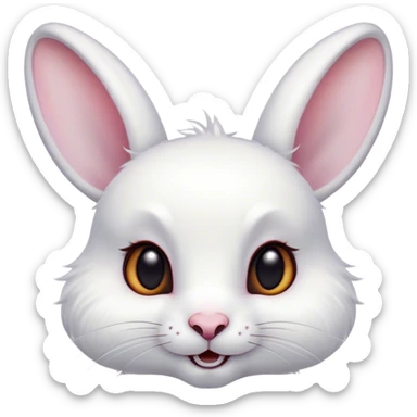 Cinematic Comical White Rabbit Portrait Emoji, Head tilted dramatically with an exaggeratedly amused expression, featuring a pristine white fur with perky, expressive ears and wide, playful dark eyes filled with disbelief, Simplified yet hilariously expressive features, highly detailed, glowing with a slightly sassy glow, high shine, dramatic yet playful, stylized with an air of cheeky mischief, bright and endearing, soft glowing outline, capturing the essence of a spirited and over-the-top bunny, so meme-worthy it feels like it could side-eye its way into internet fame instantly! sticker