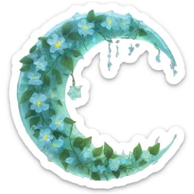 A translucent crescent moon made of cracked glass, with vines of bioluminescent flowers wrapping around it.

 sticker