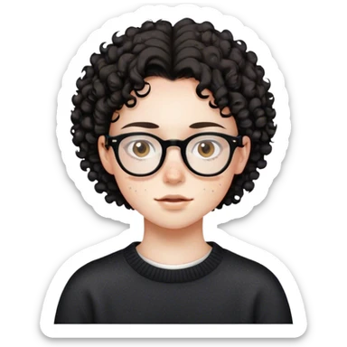 a teenager with white skin, fleckles, glasses, brown eyes, black short curly hair and a black sweater sticker