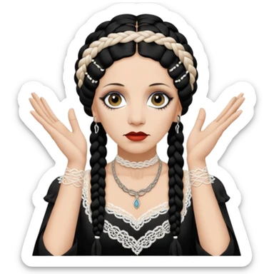 Lene Lovich as seen on the Stateless album cover with a typical symmetrical pose with her hands, lots of lace and braided hair sticker