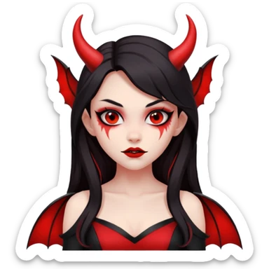 demon girl, skin red , black long hair, small horns, bat wing, black open-back dress, bold black outlines, red+black palette sticker