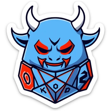 oni mask with a D20 dice sticker