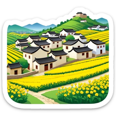 Wuyuan countryside spring flowers and traditional houses Jiangxi, simplified emoji style with bold outlines and bright colors, cartoon style rural village with yellow rapeseed flowers sticker